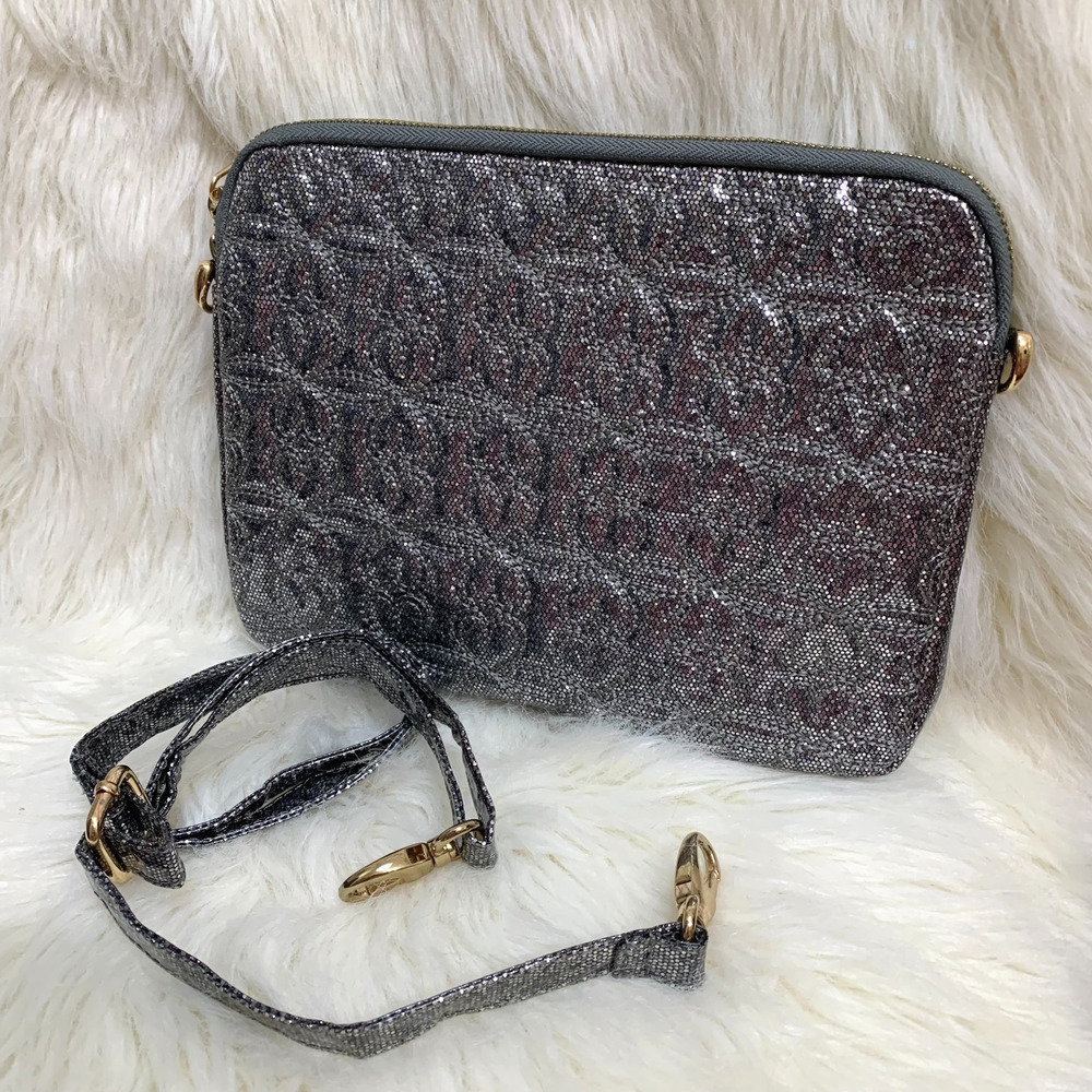 DEUX LUX Metallic Silver Glittery Embossed Zip IPAD Tablet Case with XBody Strap